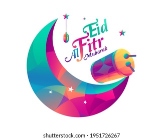 Eid Mubarak Vector Illustration with crescent moon and colorful drum on white background