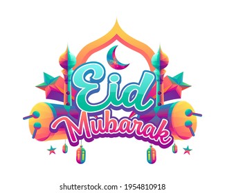 Eid Mubarak Vector Illustration with crescent moon, drum, tower and colorful lanterns on white background