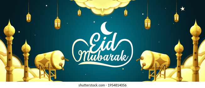 Eid Mubarak Vector Illustration with crescent moon, drum, cloud, tower and lantern in golden color on blue gradient background.