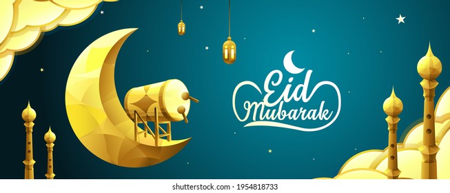 Eid Mubarak Vector Illustration with crescent moon, drum, cloud, tower and lantern in golden color on blue gradient background.	