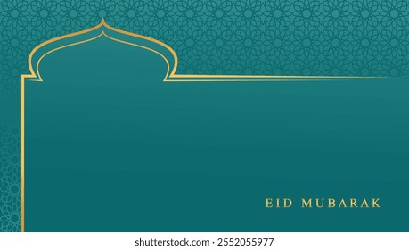 Diseño de Ilustración vectorial Eid Mubarak. Gradiente verde eid mubarak fondo con motivo textura islámica. Diseño de mezquita islámica con diseño de eid mubarak dorado