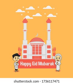 Eid Mubarak Vector Illustration. Elegant Ramadan Greeting with Mosque Design.