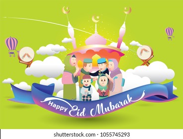 Eid Mubarak vector illustration with Family Character. Vector Illustration for greeting card, poster and banner.