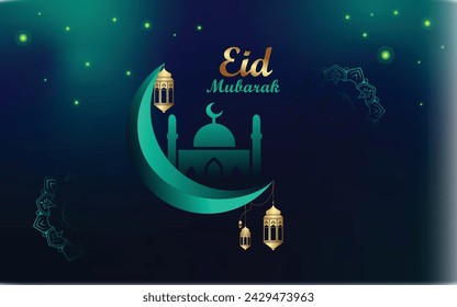 Ilustración vectorial de Eid Mubarak para tarjeta de felicitación, afiche y pancarta con luna adornada.