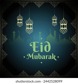 Eid Mubarak vector illustration greeting card with hanging lanterns and floral desgin motif on zinc blue background. Eid Celebration banner background minimal islamic vector. Editable. EPS 10.