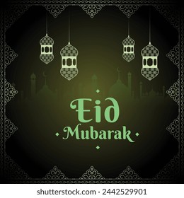 Eid Mubarak vector illustration greeting card with hanging lanterns and floral desgin motif on light green background. Eid Celebration banner background minimal islamic vector. Editable. EPS 10.