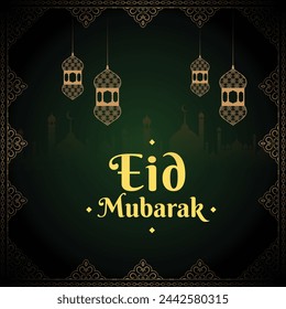 Eid Mubarak vector illustration greeting card with hanging lanterns and floral desgin motif on green background. Eid Celebration banner background minimal islamic vector. Editable. EPS 10.