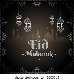 Eid Mubarak vector illustration greeting card with hanging lanterns and floral desgin motif on light peach color background. Eid Celebration banner background minimal islamic vector. Editable. EPS 10.