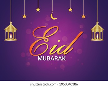 Eid mubarak vector illustration , Eid islamic festival greeting card with arabic golden lantern and moon