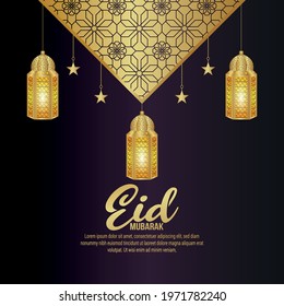 Eid mubarak vector illustration with islamic lantern on pattern background