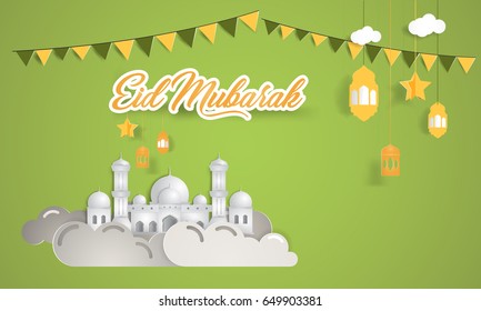Eid Mubarak vector Illustration. Islamic vector elements for greeting card, banner and flyer. Paper cut style design