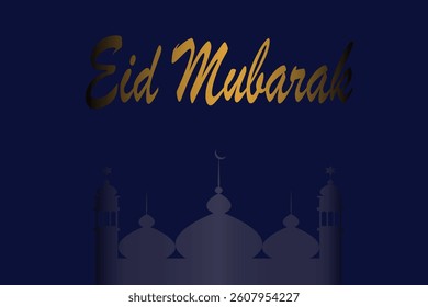 Eid Mubarak vector illustration with luxury design. Blue color eid mubarak background with beautiful mosque.	