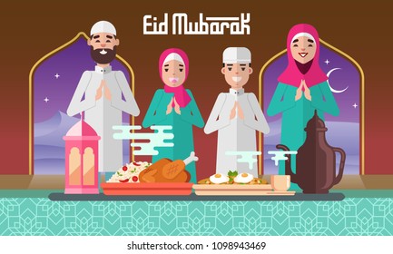 Eid Mubarak vector illustration with moslem family feasts, plentiful food and lantern. Flat style vector illustration for Eid greeting card, banner and poster.
