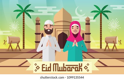 Eid Mubarak vector illustration with moslem character, mosque, drum and palm tree. Flat style vector illustration for Eid greeting card, banner and poster.