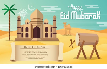 Eid Mubarak vector illustration with mosque, drum and desert. Flat style vector illustration for Eid greeting card, banner and poster.