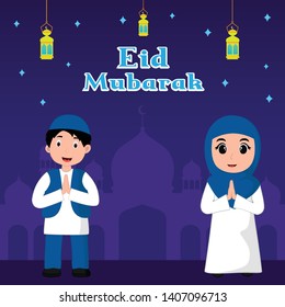 Eid mubarak vector with illustration mosque, boy and girl