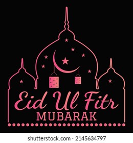 Eid Mubarak Vector Illustration, Mosque, Star And Lantern. 