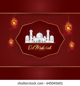 Eid Mubarak vector illustration with paper cut vector style can be use as greeting card elements isolated on red background