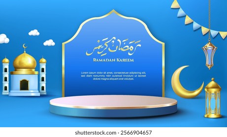 Eid Mubarak vector illustration with product podium, 3D Islamic lantern, gold crescent, and creative calligraphy. Ideal for greetings, badges, backgrounds, and card templates.