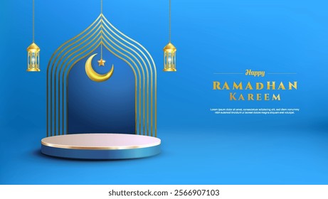 Eid Mubarak vector illustration with product podium, 3D Islamic lantern, gold crescent, and creative calligraphy. Ideal for greetings, badges, backgrounds, and card templates.