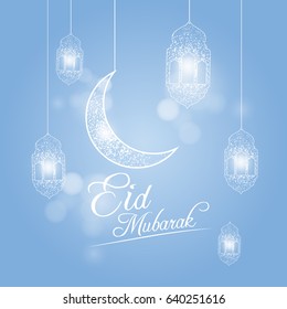 Eid Mubarak Vector Illustration with shiny ornaments isolated on blue background