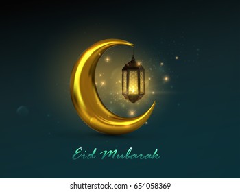 Eid Mubarak. Vector islamic religious illustration of Eid Mubarak label and crescent golden moon with glowing arabic lantern. Muslim holiday postcard design
