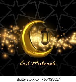 Eid Mubarak. Vector islamic religious illustration of Eid Mubarak label and crescent golden moon with glowing arabic lantern. Muslim holiday postcard design