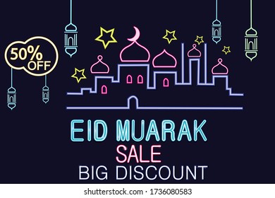 Eid mubarak Vector realistic isolated neon sign of logo for decoration and covering on the wall background. Concept of Happy Eid Mubarak 