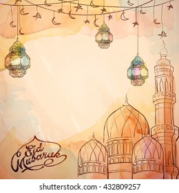 Eid Mubarak vector sketch lantern and mosque - Translation of text : Eid Mubarak - Blessed festival