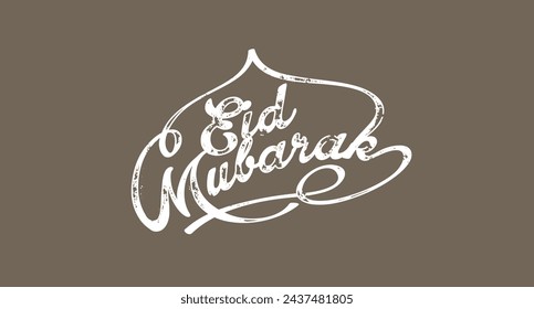 eid mubarak vector typographic illustration of handwritten Eid Mubarak retro label white color text. lettering composition of muslim holy month ending.