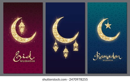 Eid mubarak vertical banners with glitter decoration. Crescent with lanterns, star. Golden islamic symbols. Muslim holidays illustrations. Ramadan or Al-Adha background. Vector.