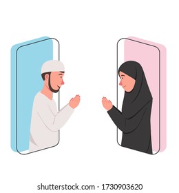 Virtual Meet Couple Gruß Illustration von Eid Mubarak Video Call Concept