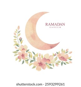 Eid Mubarak watercolor islamic design with crescent moon and flowers
