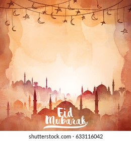 Eid Mubarak watercolor mosque silhouette illustration