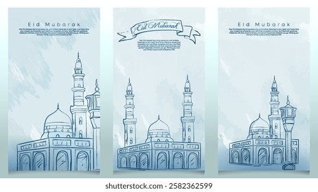 Eid Mubarak watercolor mosque sketch background for banner and greeting