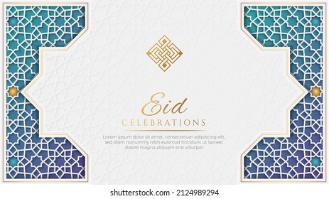 Eid Mubarak White and Blue Luxury Islamic Background with Decorative Ornament Pattern