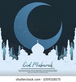 eid mubarak white blue mosque with crescent moon