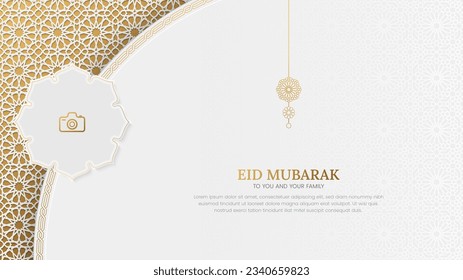 Eid Mubarak white and golden Islamic background with decorative ornament photo