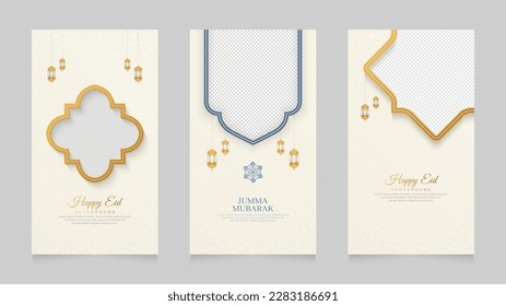 Eid Mubarak White Luxury Islamic Arabic Realistic Social Media Stories Collection Template with Empty Space for Photo