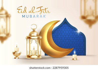 Eid Mubarak white. Traditional religious Muslim holiday and festival. Islam and Eastern culture. Big crescent with lamp and gold lantern. Ramadan and ramazan. Realistic 3D vector illustration