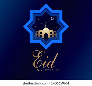 Eid mubarak wish illustration vector with moon, star and mosque