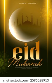 eid mubarak wishes card with creative half moon vector