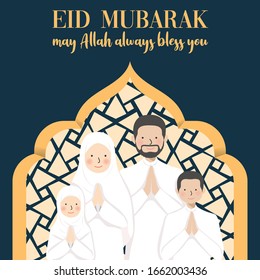 Eid Mubarak Wishes and Greeting with Family Portrait Cartoon Character in White