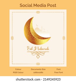 Eid Mubarak wishing social media post template with moon,mosque and amazing colour.vector