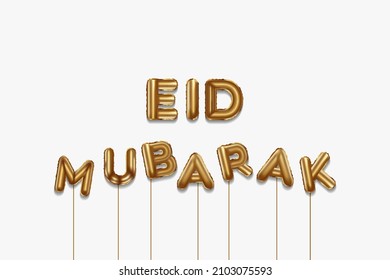 eid mubarak written with golden foil balloons. eid mubarak lettering realistic gold balloons. eid mubarak typography. vector isolated design