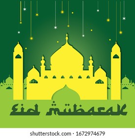 Eid Mubarak with yellow mosque and stars vector 