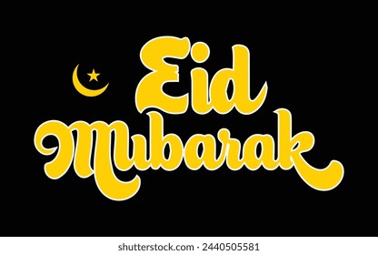 Eid Mubarak yellow typography on black background with moon and star. Vector calligraphy for your design