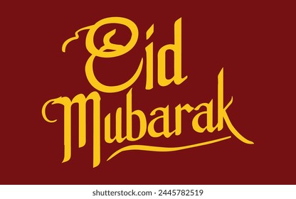 Eid Mubarak tipografía amarilla sobre fondo rojizo, Vector caligrafía letras para su diseño, tarjeta de felicitación, Anuncio y póster