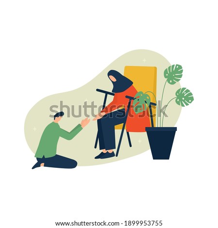 Eid mubarak, young man hand shake with his mother in home