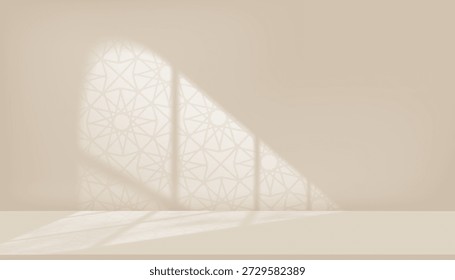 Eid Mubarak.Minimal islamischer Hintergrund mit sanftem Sonnenlicht, das arabeske geometrische Fensterschatten auf beige Wand wirft.Vektorstudioraum für Ramadan Kareem,Eid al Fitr,Moschee Interieur spirituelles Design